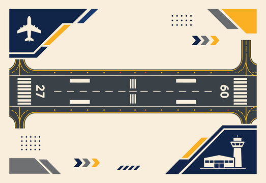 Airport runway and terminal vector illustration with airplane and control tower icons