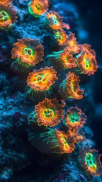 Coral polyps with vibrant orange and green tentacles thrive in the deep ocean environment as part of a complex reef ecosystem.
