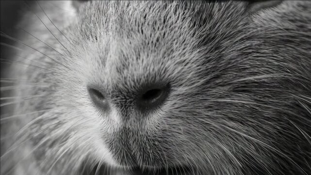 Close-up of a cute rodent's face with fuzzy fur and a small black nose