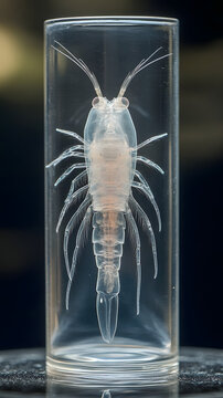 Deep sea amphipod crustacean floats suspended inside a clear laboratory glass cylinder against a dark, out-of-focus background.