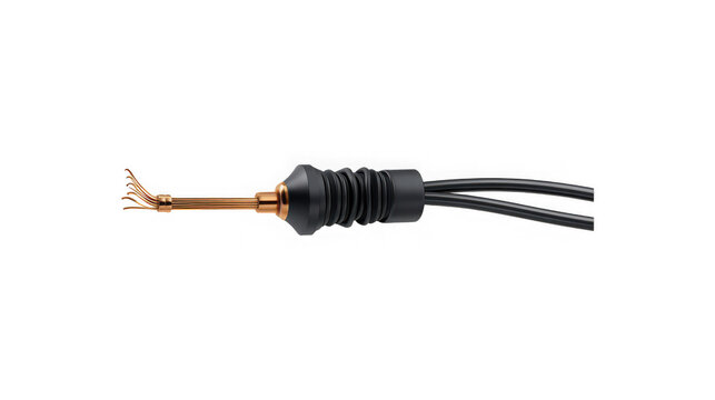Medical surgical instrument electrode tip with copper wiring and black protective housing isolated on transparent background