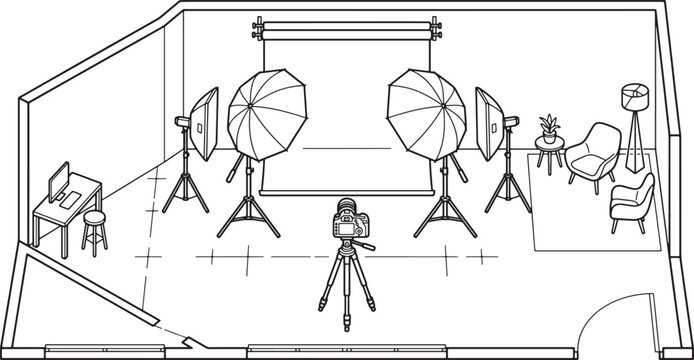 Isometric floor plan of a photography studio with lighting equipment camera backdrop and furniture in line art