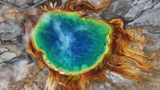 Aerial view of the geothermal hot spring scenery of the Grand Prismatic in Yellowstone National Park, USA