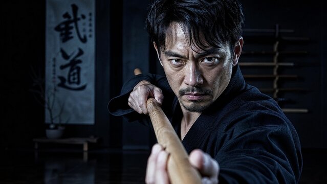 Intense Japanese Martial Arts Master Holding Wooden Bokken in Traditional Dojo