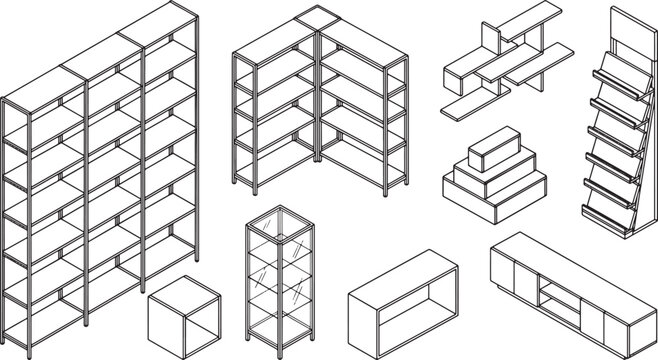 Isometric store shelving and retail display units collection in black and white line art vector illustration