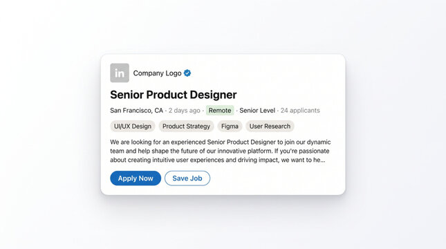 Professional Linkedin style job recruitment interface template. Senior Product Designer hiring post mockup with UI UX Figma and Apply Now button.