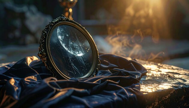 Ornate Obsidian Scrying Mirror Reflecting the Moon with Ethereal Smoke