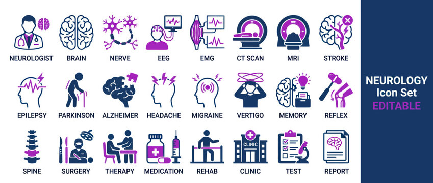 Neurology medical icons for brain health and diagnostic procedures