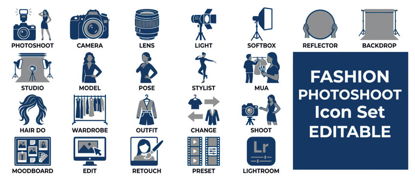 Fashion photoshoot and photography studio icons for creative workflow