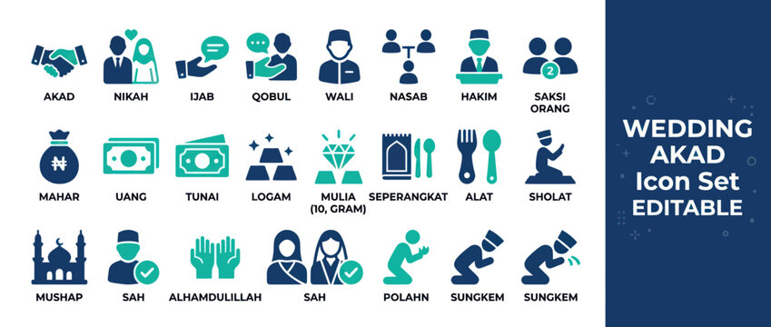 Islamic marriage akad icons for nikah ceremony and religious wedding