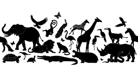 Naklejka premium Elephant and Assorted Animal Silhouettes on a Clean Background in Dense Intricate Vector Illustration for Wildlife Concept