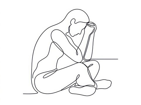 Continuous line drawing of a person sitting alone feeling sad and depressed with depressed solitude melancholy