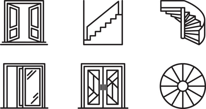 Set of architectural icons featuring doors and staircases in a clean minimalist black and white line style
