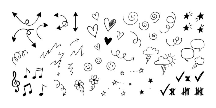 Doodle Symbols Sheet with Hand-Drawn Icons Including Hearts Music Stars Speech Bubbles Arrows Scribbles and Decorative Linework