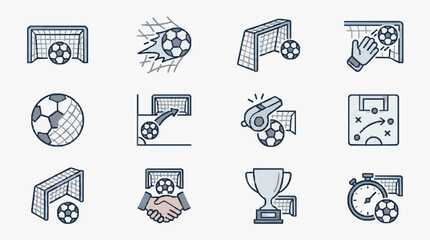 Creative Soccer Themed Icons Set Goal Scenes Ball Designs Celebrations and Game Elements in Minimalist Blue Gray Style © Idris