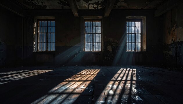 Sunbeams streaming through barred windows in an abandoned, decaying interior room