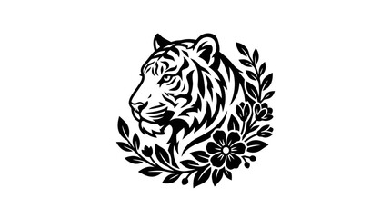 Obraz premium Tiger Head Floral Emblem Black and White Vector Art