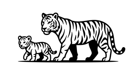 Obraz premium Tiger Mother and Cub Walking Together