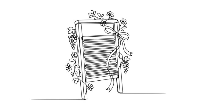 Vintage washboard with floral vine and ribbon bow, single line art, hand-drawn illustration