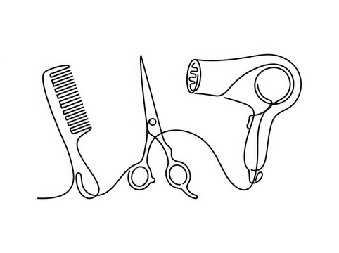 Continuous line drawing of hairdressing salon tools including comb scissors and hair dryer with hairdressing