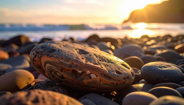 Sun-warmed volcanic rock on a tranquil beach at sunset with gentle ocean waves in the background.