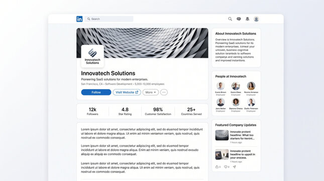 Linkedin corporate business profile page template: company dashboard, employee grid, about section, news updates. Modern social media UI design mockup
