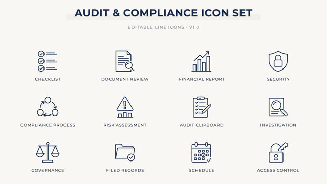 Set of twelve flat line audit and compliance icons for business documents and presentations . Vector Flat Illustration.