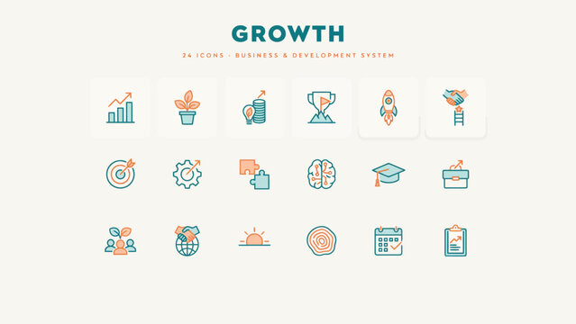 Set of 18 colorful business and development growth icons . Vector Flat Illustration.