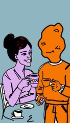 Obraz premium Minimalist Woman Drinking Coffee Illustration for Psychology Articles