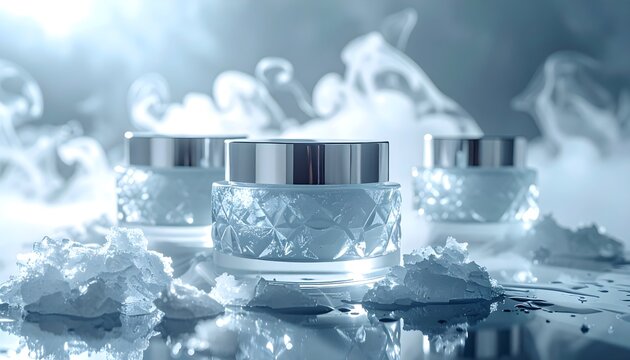 Luxury skincare cream jars surrounded by ice, concept of cryo-therapy and anti-aging beauty