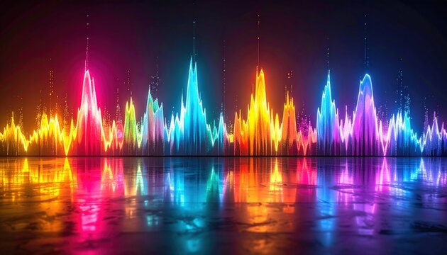 Vibrant multicolored graphic equalizer displaying sound waves with reflections on a wet surface