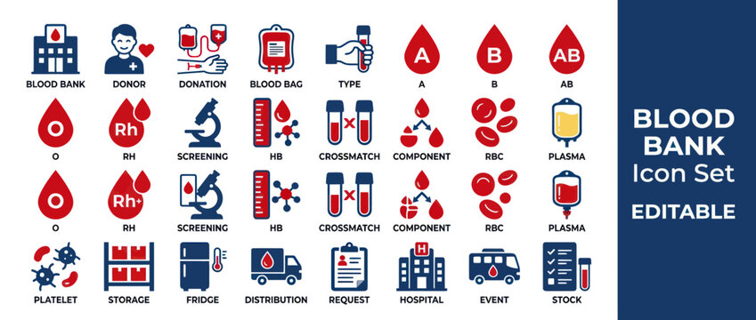 Blood bank and medical donation icons for healthcare applications