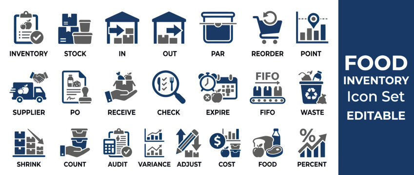Food inventory and warehouse management icon set