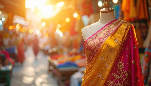 Vibrant Silk Sari With Intricate Gold Embroidery Displayed On A Mannequin In A Sunlit Market
