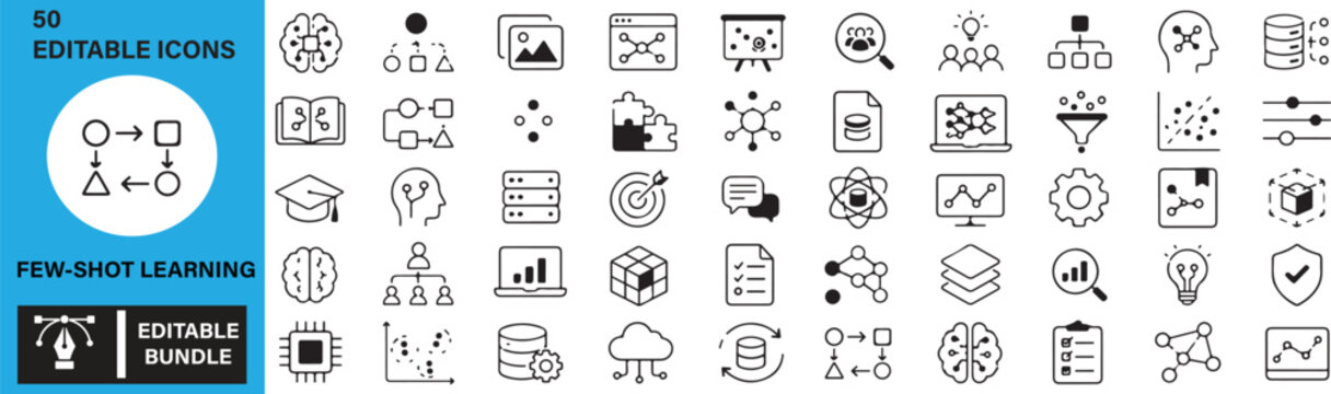 Few Shot Learning Outline Icons Set &ndash; AI Machine Learning, Neural Network, Training Data, Model Optimization, Premium Vector Line Icon Bundle