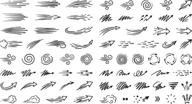Hand drawn speed lines and wind motion effects vector collection design