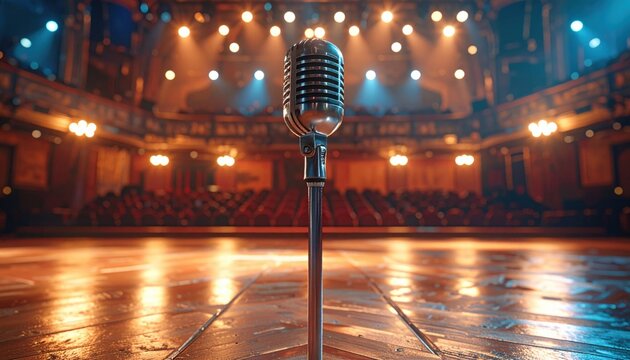 Vintage Microphone on Stage Ready for a Live Performance Under Spotlight Lighting