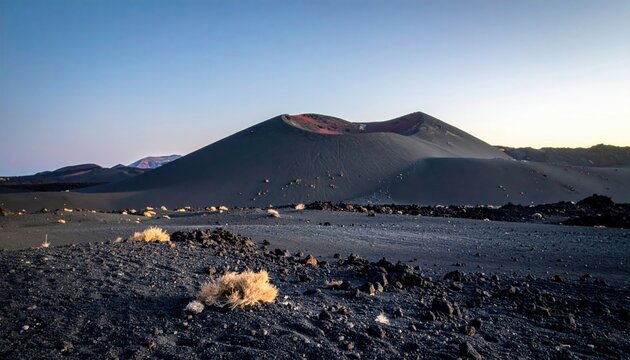 Volcanic Cone Under a Clear Sky, Ash Covering the Desolate Landscape