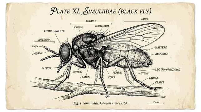 Vintage scientific illustration of black fly insect anatomy diagram with labels