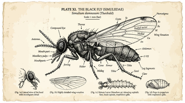 Vintage Anatomical Diagram of Black Fly Simuliidae Showing Life Cycle and Detailed Body Parts