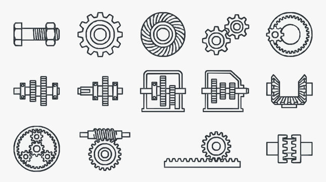 Collection of mechanical engineering gears and components icons.
