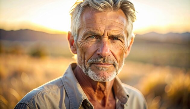 Weathered senior man with gray hair and beard, outdoor portrait in golden sunlight
