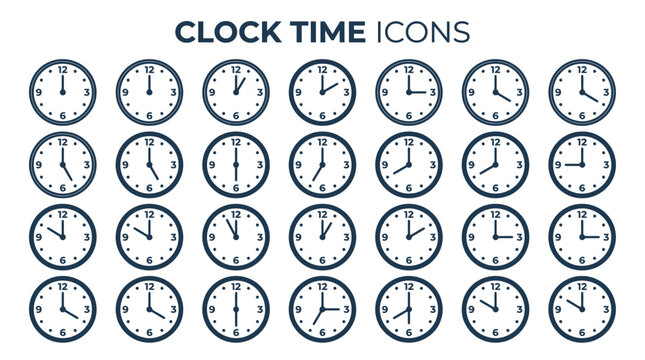 Clock time icons set, flat vector watch face collection showing different hours, minimalist round analog wall clock symbols for schedule and deadline
