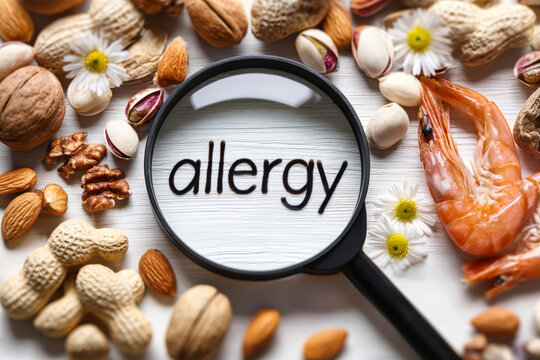 A collection of foods that cause allergies, including nuts and seafood, is laid out on a white surface with a magnifying glass focusing on the word allergy