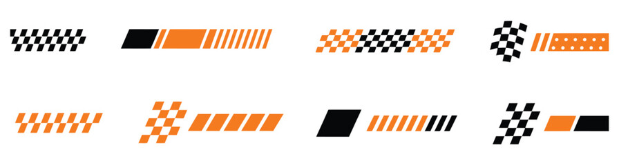 Racing stripes and checkered flag elements icon set for sports and automotive designs, speed finish line motorsport symbol vector illustration. © Mizu Ahmed 00