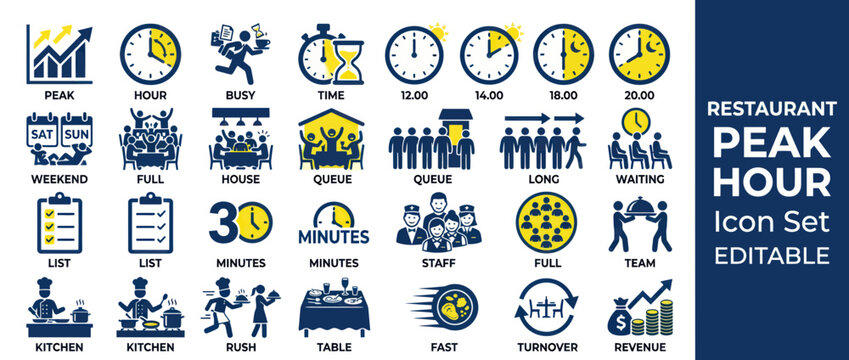 Restaurant peak hour and hospitality management icon set