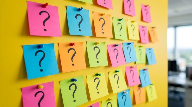 Yellow wall covered with colorful sticky notes displaying handwritten question marks, question