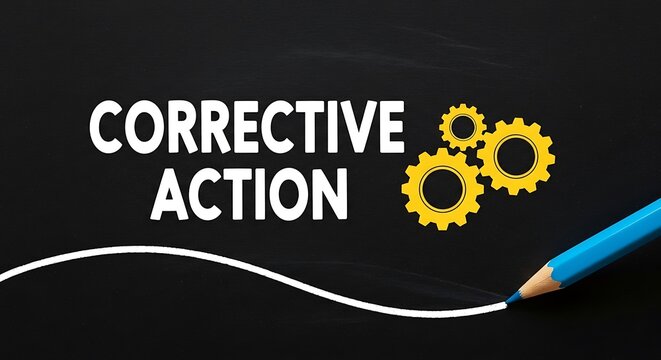Black chalkboard with "Corrective Action" in white, gears, and a pencil drawing a line
