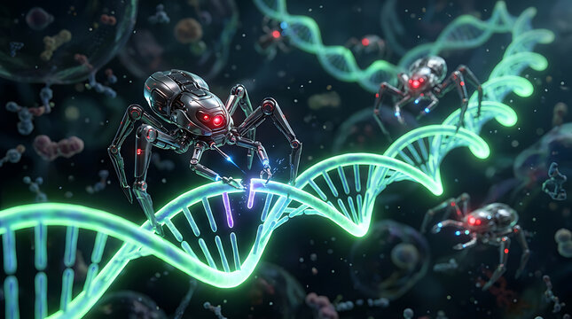 Nanobots traversing a dna double helix futuristic microscopic visualization nanotechnology doublehelix molecule