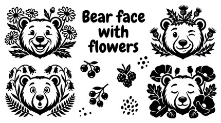 Obraz premium Bear face combined with forest flowers vector collection isolated for wildlife artwork, woodland themes, and nature inspired illustration designs. Black and white sketch style featuring